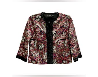Giacca vintage Michael Simon con paillettes e motivo paisley, modello Art to Wear Glam Luxe, taglia corta.