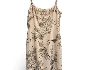 Vintage Oleg Cassini 90s Black Tie Beaded Slip Dress Champagne M 10 / 12