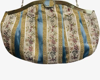 Pochette vintage anni '50 in broccato floreale jacquard, strutturata, stile Mid-Century.
