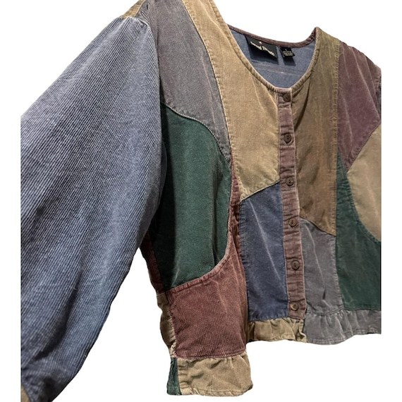 VTG Sacred Threads Patchwork Corduroy Shirt Earth… - image 2