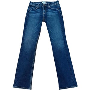 Vintage Denim of Virtue Y2K-jeans met lage taille en rechte pijpen met contrasterende stiksels, maat 27