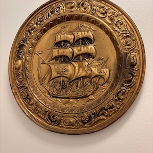 Vintage Brass Embossed Wall Plate Ship Design