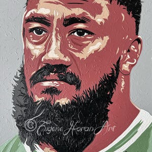 May include: A close-up portrait painting of a man with a dark beard and a green shirt. The painting is done in a textured style, with visible brushstrokes.
