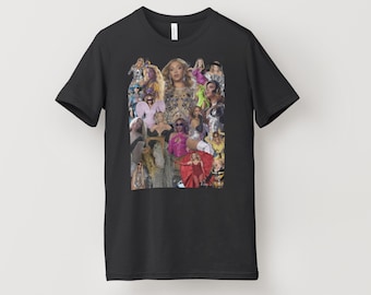 May include: A black short-sleeved t-shirt featuring a large rectangular collage graphic on the front. The collage consists of numerous overlapping photographs of a person in various colorful stage outfits, performance poses, and different hairstyles.