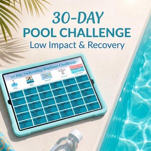 May include: A tablet with a teal case displays a 30-Day Swimming Workout Challenge. The screen shows a calendar with exercise diagrams. The text "Low Impact & Recovery" is above the tablet. A bottle of water and a towel are in the foreground.