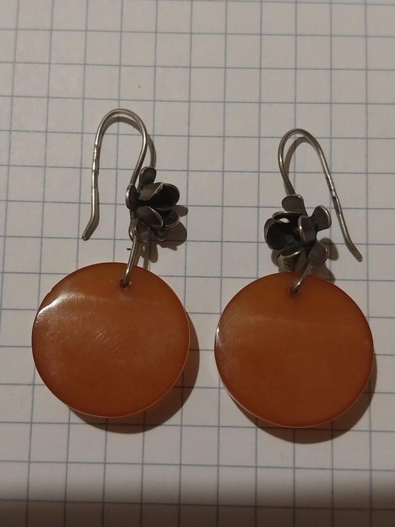 Soviet Honey Amber Earrings - Antique 875 Sterling Silver Floral Drops