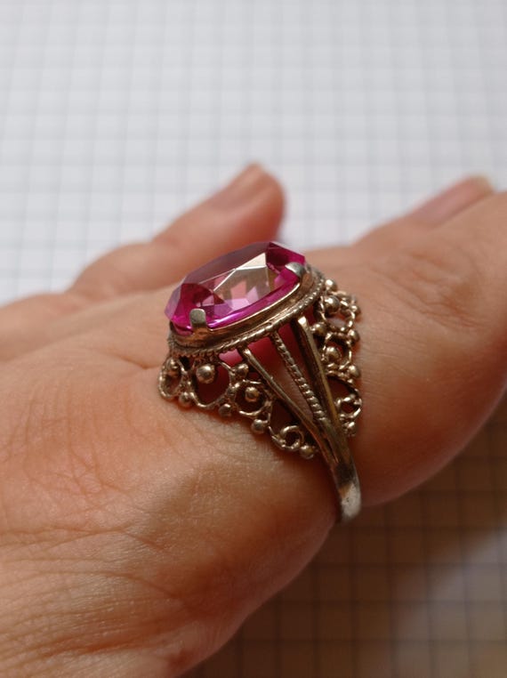 Vintage USSR 875 Silver Ring with Ruby Corundum -… - image 2