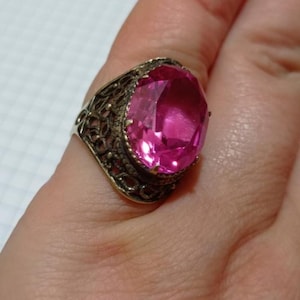 Soviet Corundum-Ruby Ring, Gilding Brass, Size 15.5-16