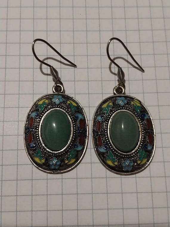 Boucles D'oreilles Anciennes Plaqué Or - Émail Cloisonné Et Jade - Dormeuses - France