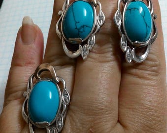 Sterling Silver Turquoise Jewelry Set: Ring and Earrings with Gold Overlay