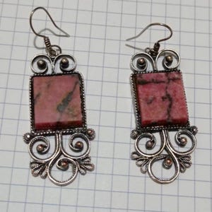 Antique Nickel Silver Rhodonite Earrings: 1950s USSR Jewelry