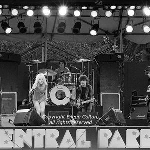 Könnte beinhalten: Schwarzweißfoto einer Band, die auf einer Bühne im Central Park spielt. Die Band besteht aus einer Sängerin, einem Schlagzeuger, einem Gitarristen und einem Bassisten. Die Bühne ist mit einem Schild verziert, auf dem "Central Park" steht.