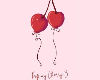 Könnte beinhalten: Zwei rote kirschförmige Ballons mit braunen Schnüren auf rosa Hintergrund. Der Text "Pop my Cherry :)" und "Happy Valentines Day" befindet sich unter den Ballons.