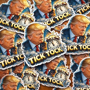 Puede incluir: Una colección de pegatinas con el retrato de un hombre con traje y corbata roja, con el texto "TICK TOCK" y la imagen de un despertador. Las pegatinas tienen un estilo desgastado y de dibujos animados.