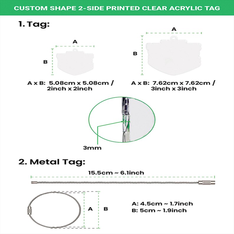 Puede incluir: Diagrama de etiquetas acr&iacute;licas transparentes impresas a doble cara con forma personalizada. La imagen muestra dos etiquetas acr&iacute;licas transparentes de 5,08 cm x 5,08 cm y 7,62 cm x 7,62 cm. Tambi&eacute;n se muestra una etiqueta met&aacute;lica de 15,5 cm y un anillo de 4,5 cm x 5 cm.