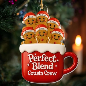 Personalized Cousin Crew Ornament, Custom Gingerbread Mug Gift, &quot;Perfect Blend&quot; Cousins Keepsake, Christmas Family Reunion Decor