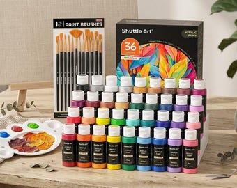 May include: An art supplies set featuring a canvas on an easel, a palette with paint, a set of 12 paint brushes, and a box of 36 acrylic paints in various colors. A mug and a palette knife are also visible.