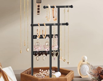 Organizador de joyas de 3 niveles: expositor de aretes y collares con marco de metal