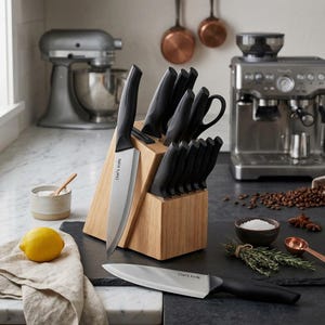 May include: A kitchen knife set featuring multiple stainless steel blades with black handles, housed in a light-toned wooden block. One knife is positioned horizontally on a dark surface, while others are stored upright in the wooden block.