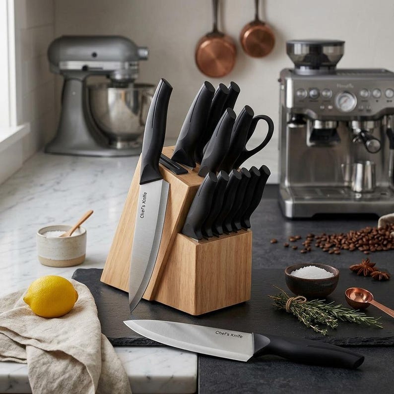 May include: A kitchen knife set featuring multiple stainless steel blades with black handles, housed in a light-toned wooden block. One knife is positioned horizontally on a dark surface, while others are stored upright in the wooden block.