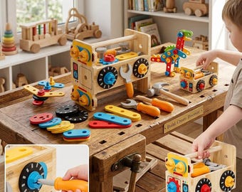 May include: A wooden toy workbench set featuring a portable toolbox, a buildable dinosaur, a hammer, a wrench, and various colorful plastic screws, gears, and flat connector pieces. The set includes a small wooden toolbox with a handle.