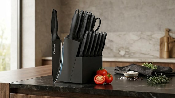 14 Piece Kitchen Knife Set: German Stainless Steel Cutlery Block, Chef Knives