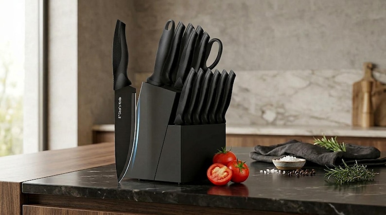 May include: A matte black knife block set containing multiple knives with black handles and blades. One knife is positioned outside the block, displaying the text 8" Chef's Knife on its blade. The set is arranged on a dark marble countertop.