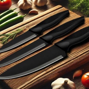 May include: Three kitchen knives with matte black blades and ergonomic black handles arranged diagonally on a wooden cutting board, surrounded by fresh red tomatoes, green chili peppers, garlic cloves, and yellow bell peppers.