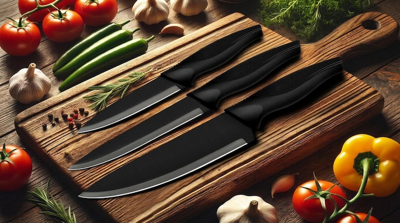 May include: Three kitchen knives with matte black blades and ergonomic black handles arranged diagonally on a wooden cutting board, surrounded by fresh red tomatoes, green chili peppers, garlic cloves, and yellow bell peppers.
