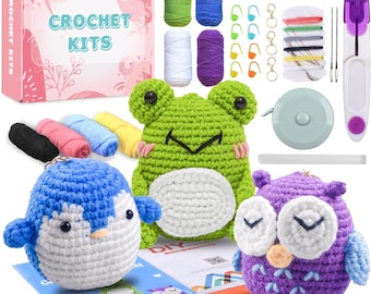 Amigurumi Crochet Animals DIY Kit: Owl, Frog, Penguin Keychains