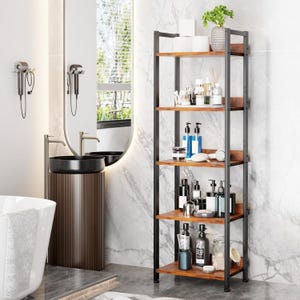 May include: A five-shelf bathroom storage unit with a black metal frame and wooden shelves. The shelves are filled with various toiletries, including bottles, jars, and a small plant. The unit is placed in a modern bathroom setting.