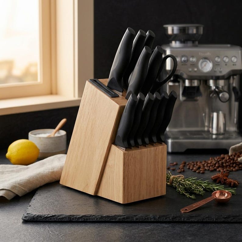 May include: A set of kitchen knives with matte black handles stored in a light-toned wooden block. The block features multiple slots for various blade sizes, including a dedicated space for kitchen shears, arranged in a tiered, angled design.