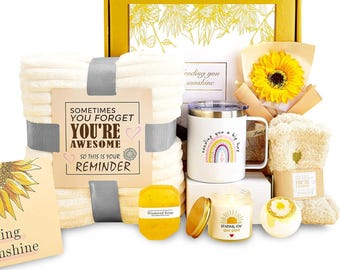 Cesta de regalo de spa "Mejórate pronto": temática de girasoles, manta acogedora