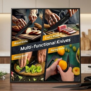 May include: A multi-functional knife set display featuring four distinct black knives labeled as Bread Knife, Chef's Knife, Utility Knife, and Paring Knife. The image shows each knife in use slicing bread, meat, lettuce, and fruit on wooden cutting boards.