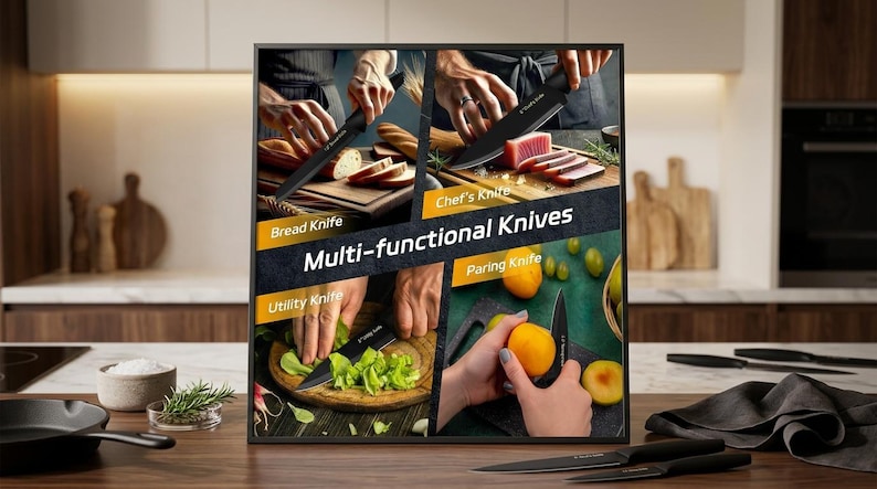 May include: A multi-functional knife set display featuring four distinct black knives labeled as Bread Knife, Chef's Knife, Utility Knife, and Paring Knife. The image shows each knife in use slicing bread, meat, lettuce, and fruit on wooden cutting boards.