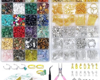 May include: A collection of jewelry-making supplies, including colorful gemstone beads, gold and silver-toned metal findings, wire, pliers, and tweezers. The image also shows letter charms and various pendant charms for crafting. The beads are organized in a clear plastic container.
