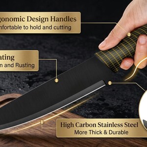 May include: A black kitchen knife with a textured handle and a high carbon stainless steel blade. Text labels highlight features including ergonomic design handles, anti-rust coating to prevent oxidation, and high carbon stainless steel construction.