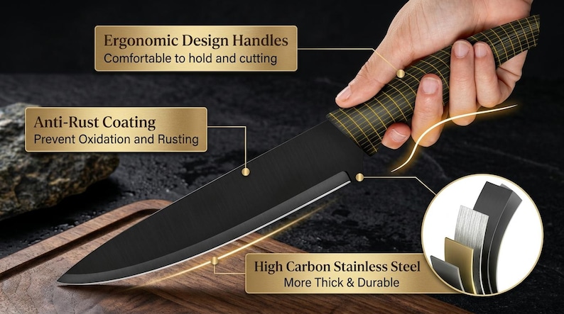 May include: A black kitchen knife with a textured handle and a high carbon stainless steel blade. Text labels highlight features including ergonomic design handles, anti-rust coating to prevent oxidation, and high carbon stainless steel construction.