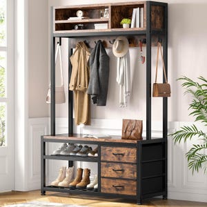 May include: A rustic entryway organizer with a black metal frame and distressed wood shelves and drawers. It features a top shelf for decor, a hanging rack for coats and accessories, and a shoe rack with drawers.