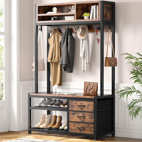 Hall Tree with Bench and Shoe Storage: Freestanding Coat Rack