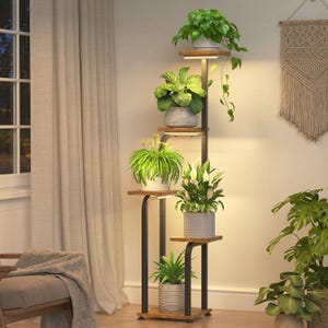 May include: A tall, multi-tiered plant stand featuring a black metal frame and five wooden shelves. Each shelf is equipped with integrated LED grow lights. The stand holds various potted green plants, including a trailing vine and leafy foliage.