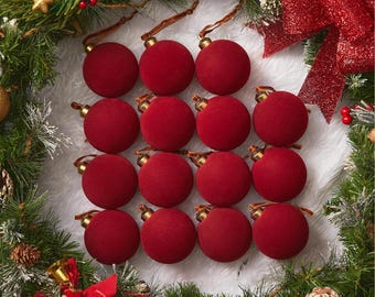 Adornos navideños de terciopelo rojo, bolas, decoración navideña aterciopelada, 15 unidades