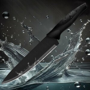 May include: A sleek black kitchen knife with a sharp, pointed blade and an ergonomic handle, positioned diagonally amidst a dynamic splash of clear water droplets against a dark, moody background, highlighting the contrast of the dark metal.