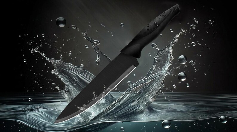 May include: A sleek black kitchen knife with a sharp, pointed blade and an ergonomic handle, positioned diagonally amidst a dynamic splash of clear water droplets against a dark, moody background, highlighting the contrast of the dark metal.