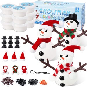 May include: A snowman craft kit with white snowman bodies, black top hats, red Santa hats, and scarves. The kit includes brown stick arms, black button eyes, and orange carrot noses. The packaging reads "Snowman Craft Kit".