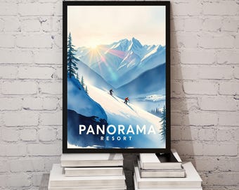 May include: A vintage-style poster with a watercolor illustration of a snowy mountain scene with two skiers. The poster has the text "Panorama Resort" at the bottom.