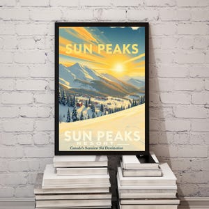 Póster de esquí vintage de Sun Peaks: arte mural canadiense retro: decoración de pistas iluminadas por el sol