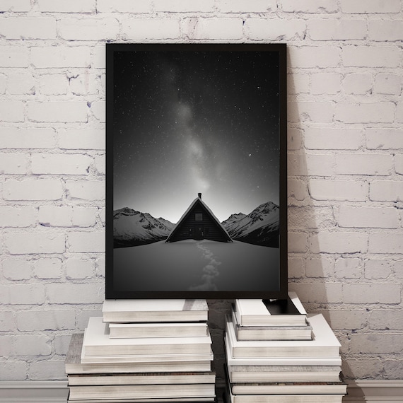 Cabaña alpina bajo las estrellas: impresión artística en blanco y