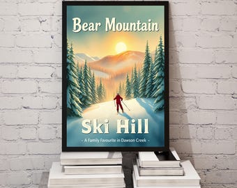 Puede incluir: Un póster de estilo vintage con un esquiador en una ladera de montaña nevada. El póster dice "Bear Mountain Ski Hill - A Family Favourite in Dawson Creek - "
