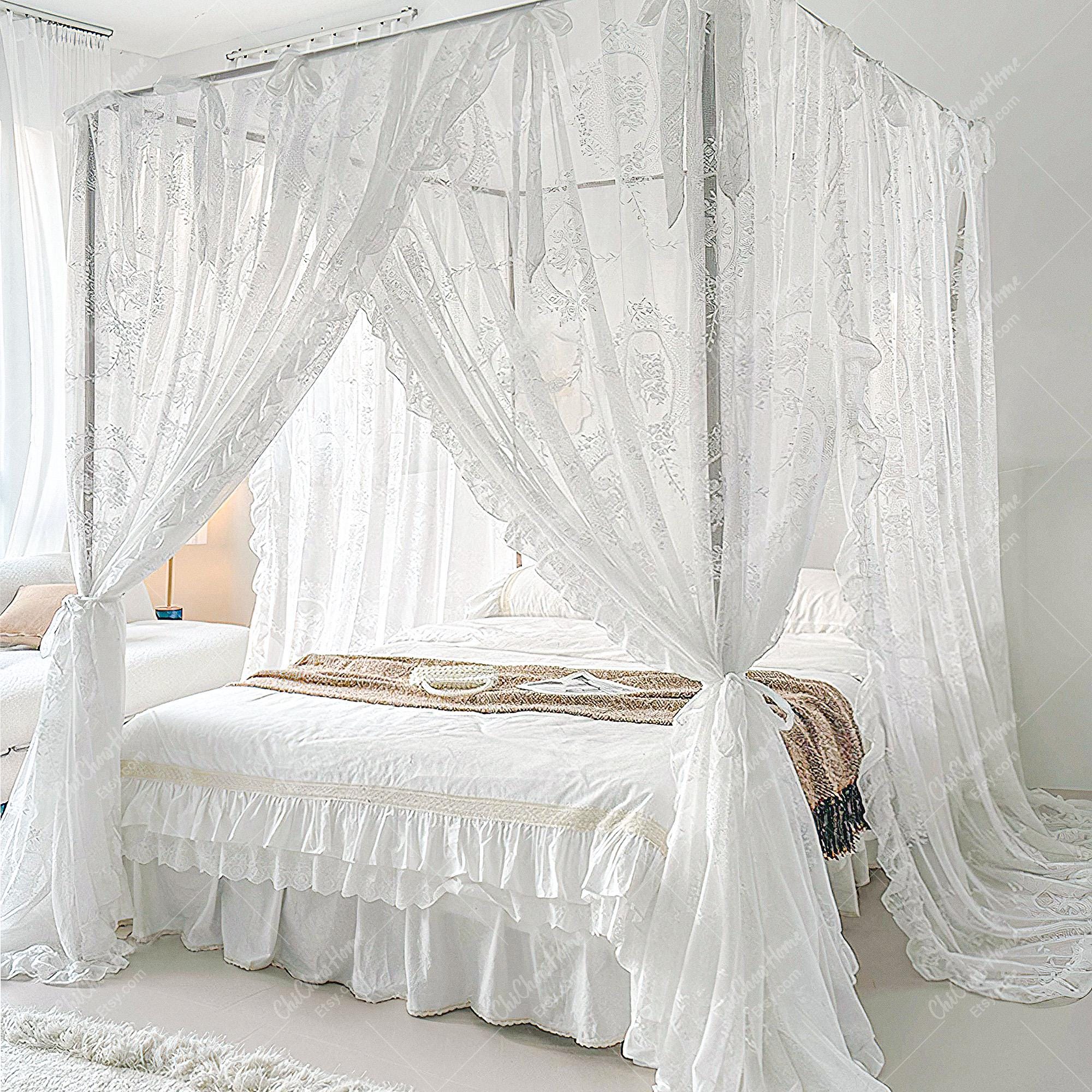 White Floral Lace Bed Canopy,vintage Lace Bed Canopy With Ruffles, 4 ...